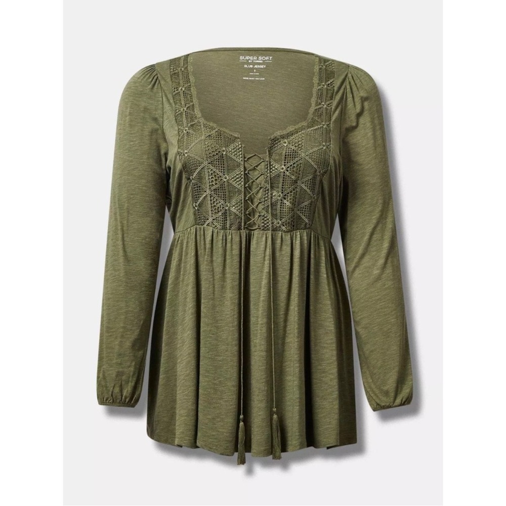 TORRID Super Soft Size 1X Olive Green Slub Jersey Cotton Blend Boho Top Cottage
